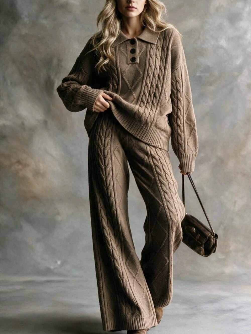 Vintage Cable Knit Set Women V-Neck Tie Cardigan + High Waist Wide Leg Pants